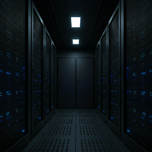 Modern dark-themed server room with glowing blue led lights on racks, cinematic lighting, futuristic technology aesthetic